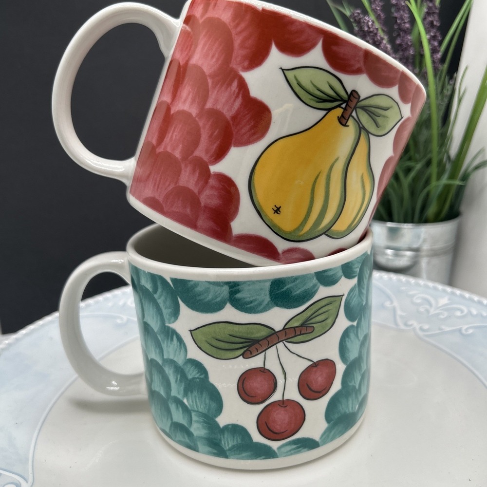 TABLETOPS UNLIMITED Large SOUP MUG Set 2 Italian Pear Cherries Coffee Tea Fruit